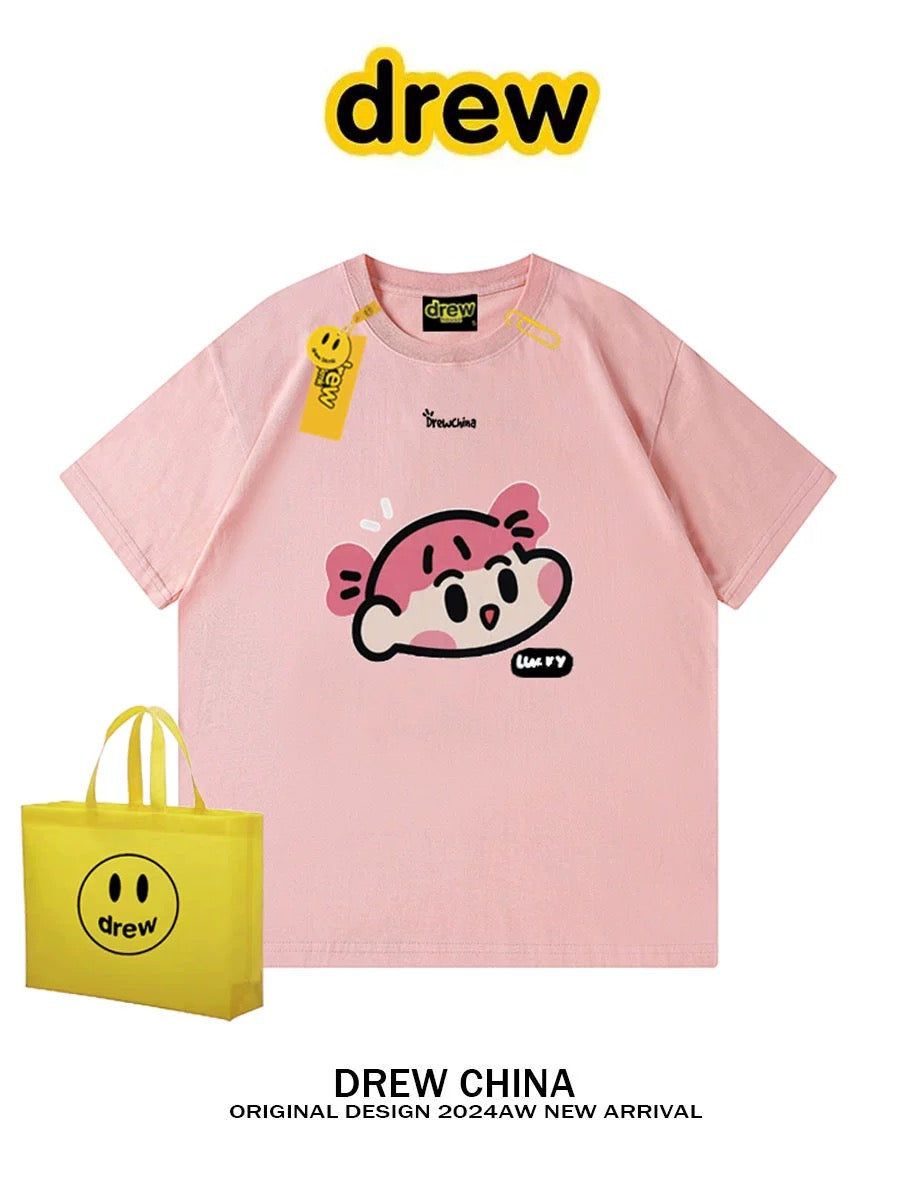 drew American trendy brand Nini cartoon print short-sleeved T-shirt men and women casual loose couple half-sleeved top INS trend