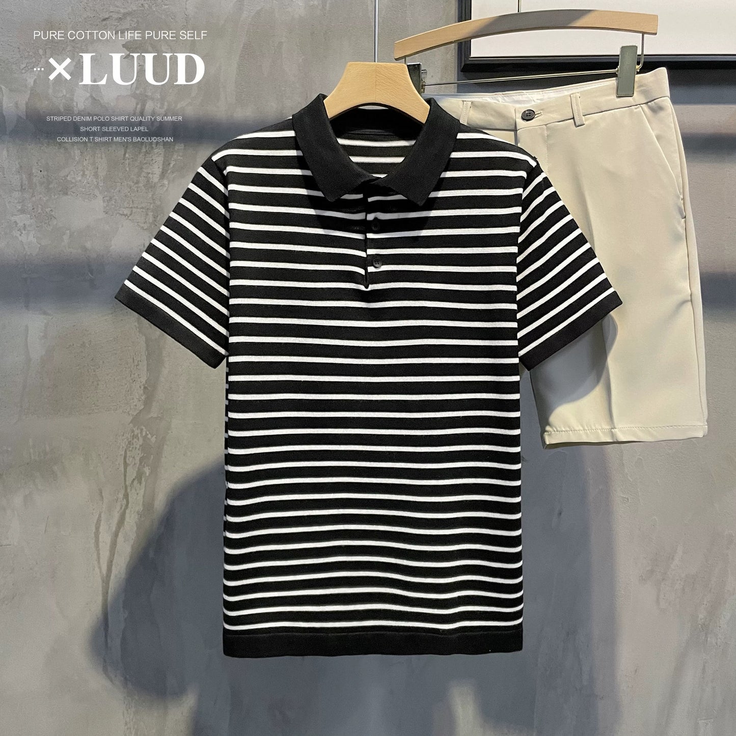 LUUD retro trend black and white striped short-sleeved slim-fit breathable casual top summer men's knitted polo shirt