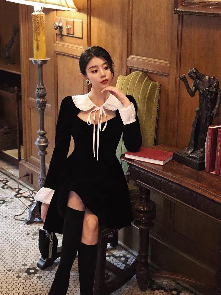 Thirteen and Little French Dress Women's Autumn and Winter A-Line Skirt Waist Long Sleeve Skirt Retro Velvet Little Black Skirt