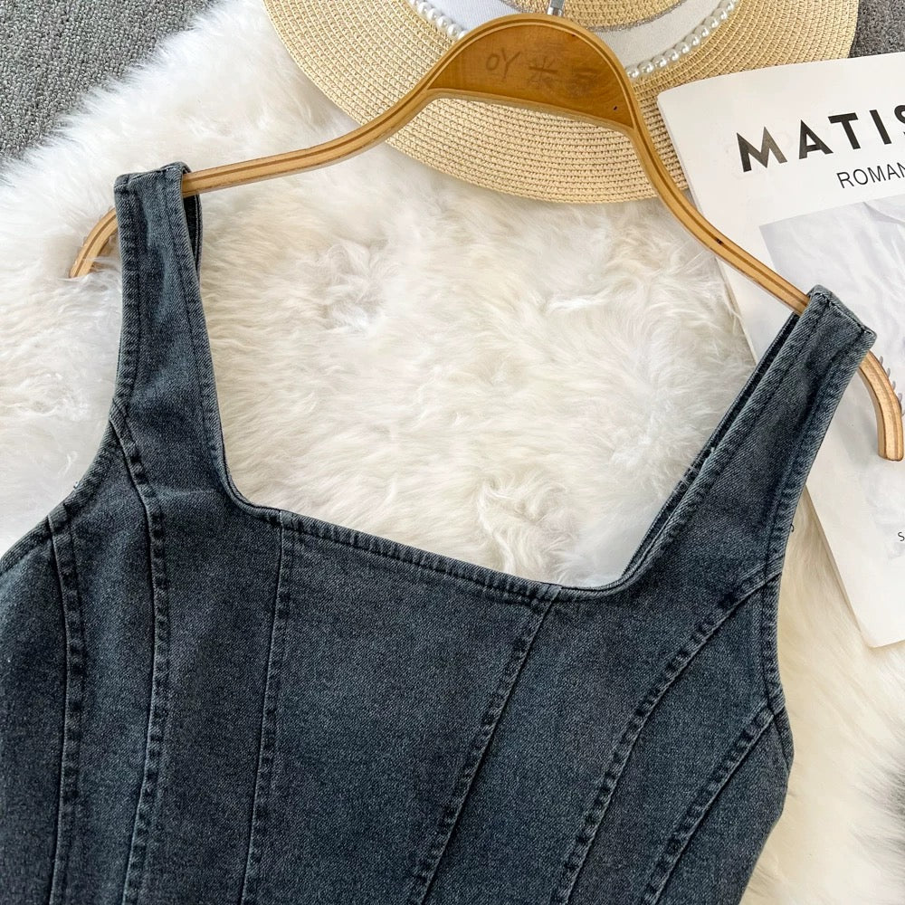 Retro style short denim camisole women's outer wear summer all-match western style slim zipper backless top