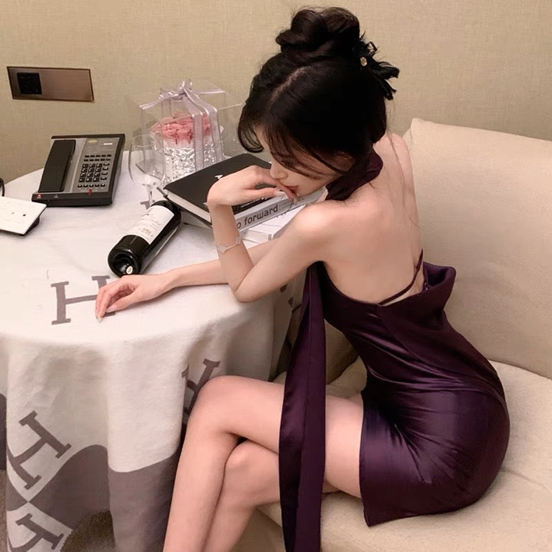 French Spice Girl Temperament High Sexy Backless Purple Satin Ribbon Halter Neck Suspender Dress Female Summer Bag Hip Skirt