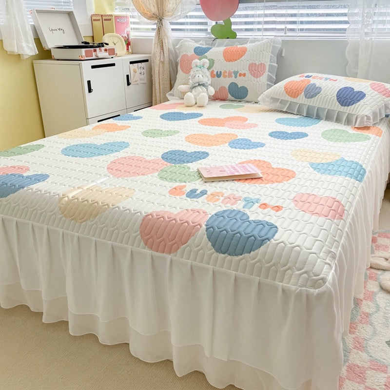 Summer printed bed skirt latex ice silk mat three-piece set princess style bed sheet air conditioning mattress mat machine washable
