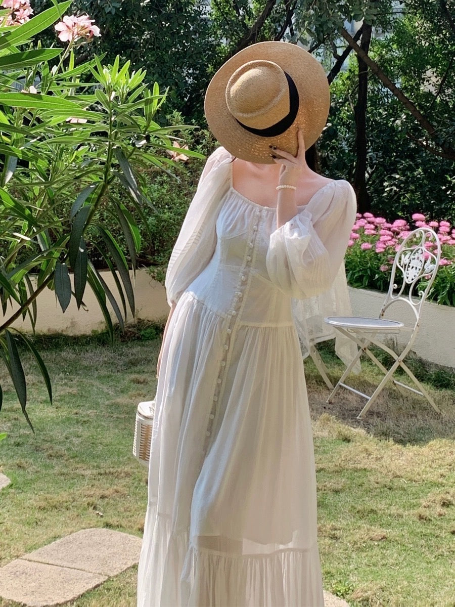 elegant modest dresses for wedding guests Tang Gongzi French white dress for tea break, waist slimming, high-end –  Lee Nhi Boutique main image 0