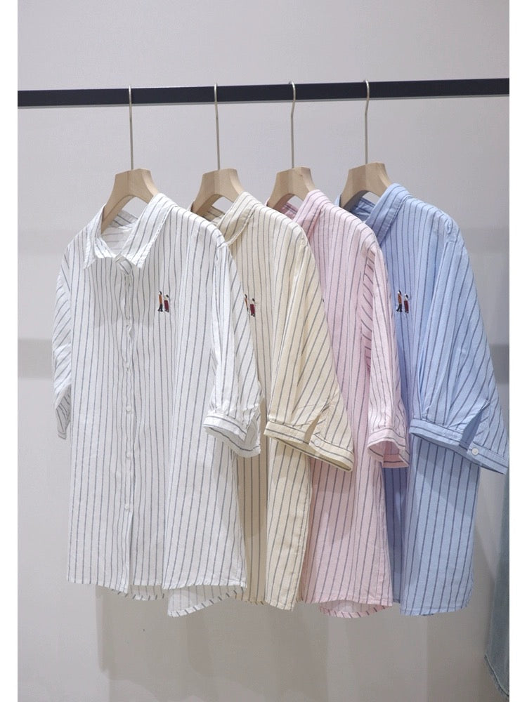 Simple breathable chest embroidery 2024 summer loose slim all-match cotton striped short-sleeved shirt women's shirt