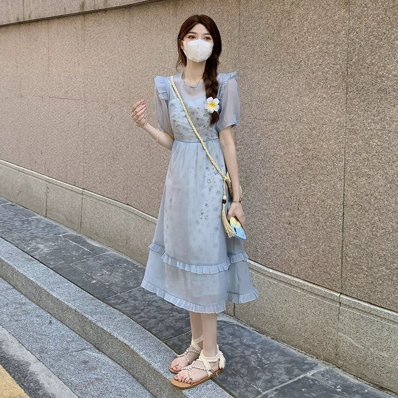 Summer Platycodon First Love Floral Niche Art Dress Gentle Date Wear Matching Nipple Long Skirt Two-piece Suit