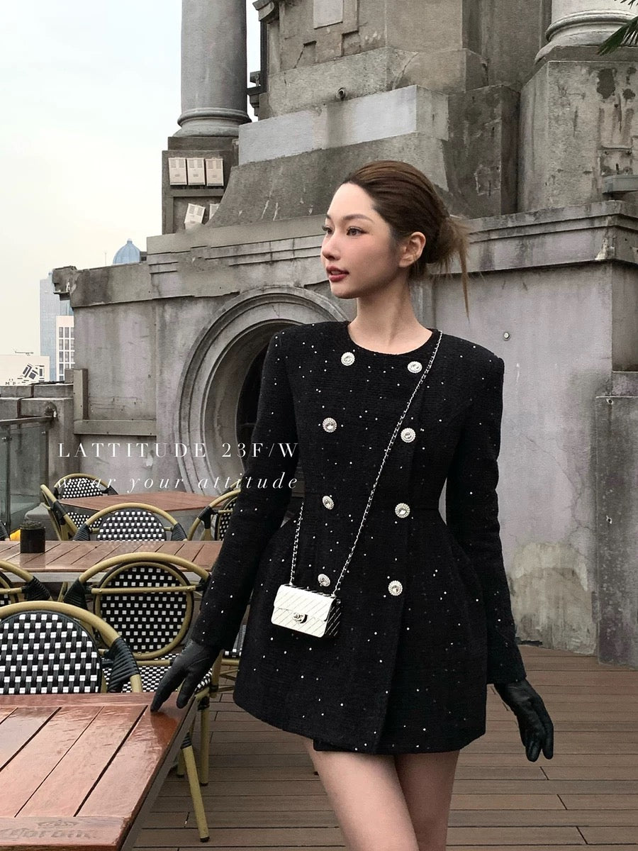 LATTITUDE/Yang Xiaolu velvet woven bright geometric lines waisted quilted jacket dress