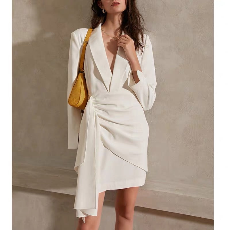 High-end design white V-neck long-sleeved dress French elegant big-nam –  Lee Nhi Boutique