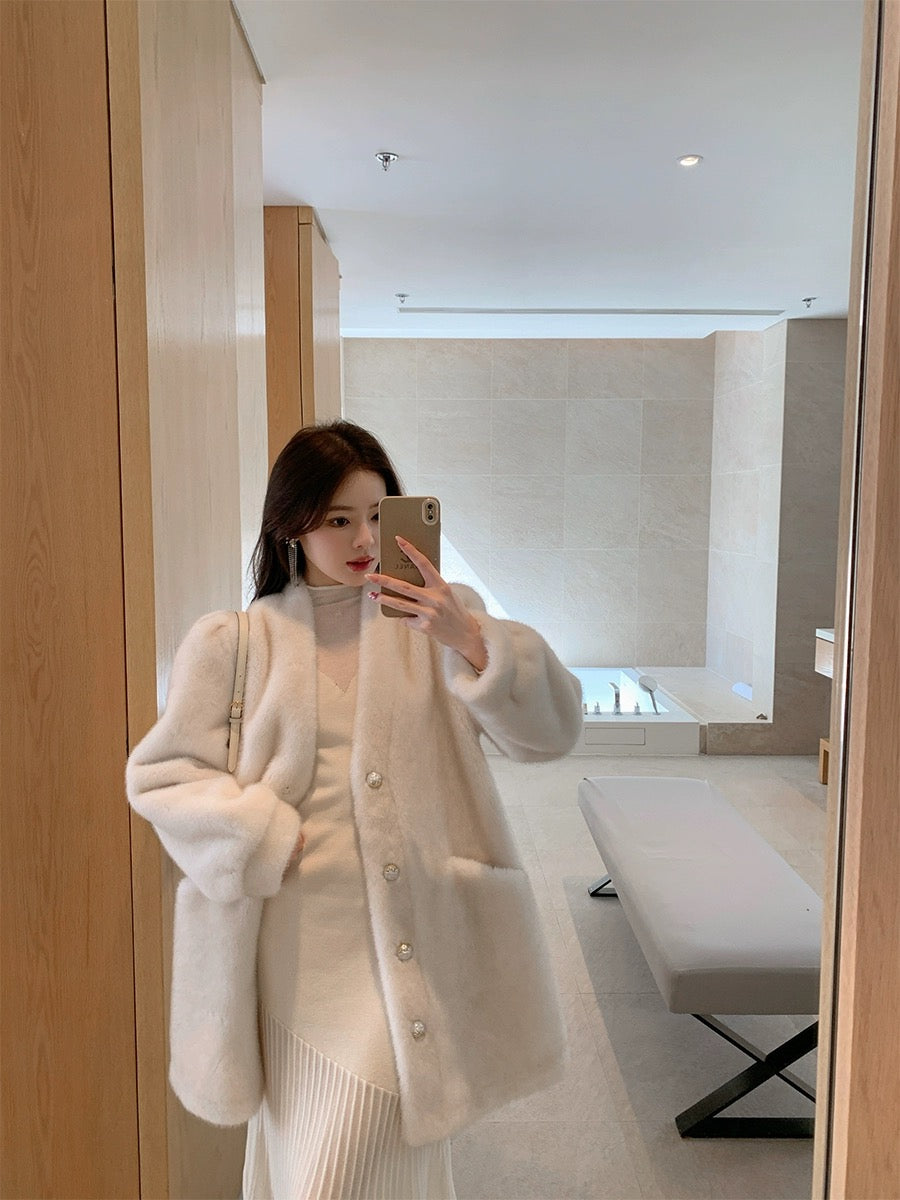 ByYou Spring Slim High Collar Wool White Knitted Waist Mid-Length Over-the-Knee Sweater Dress
