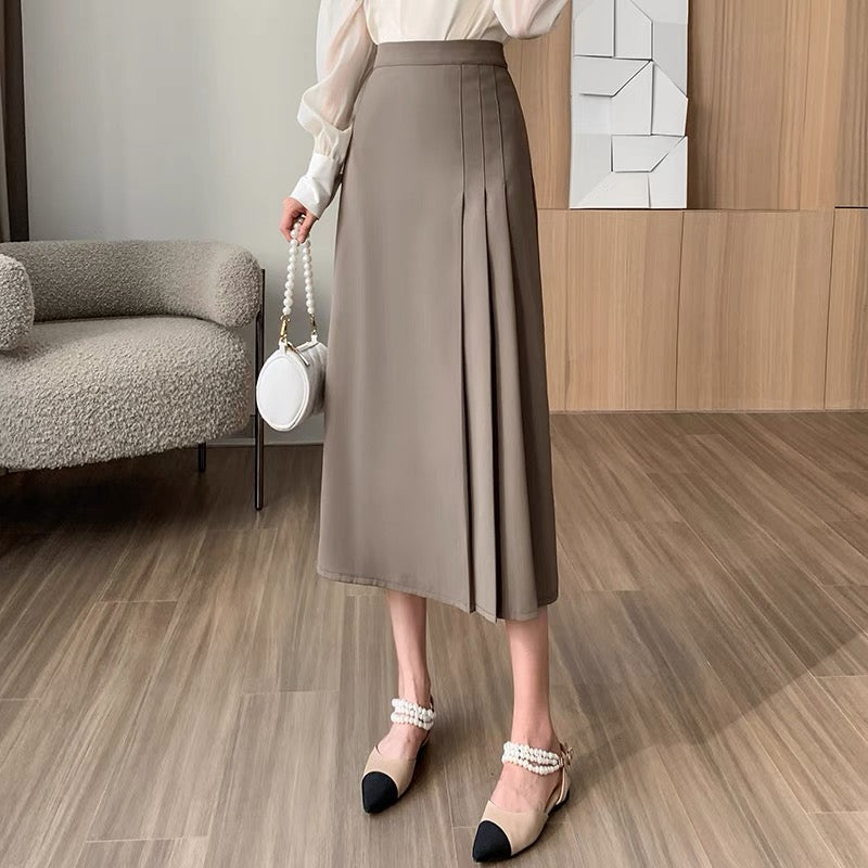 American retro temperament pleated skirt for women autumn and winter A-line hip skirt suit mid-length high-waist slim long skirt