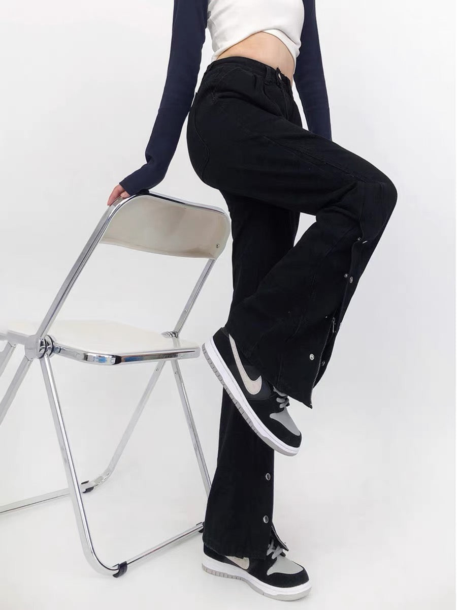 Micro-flare slit jeans for women plus size fat MM high-waist slim loose wide-leg pants pear-shaped body pants American style A3364