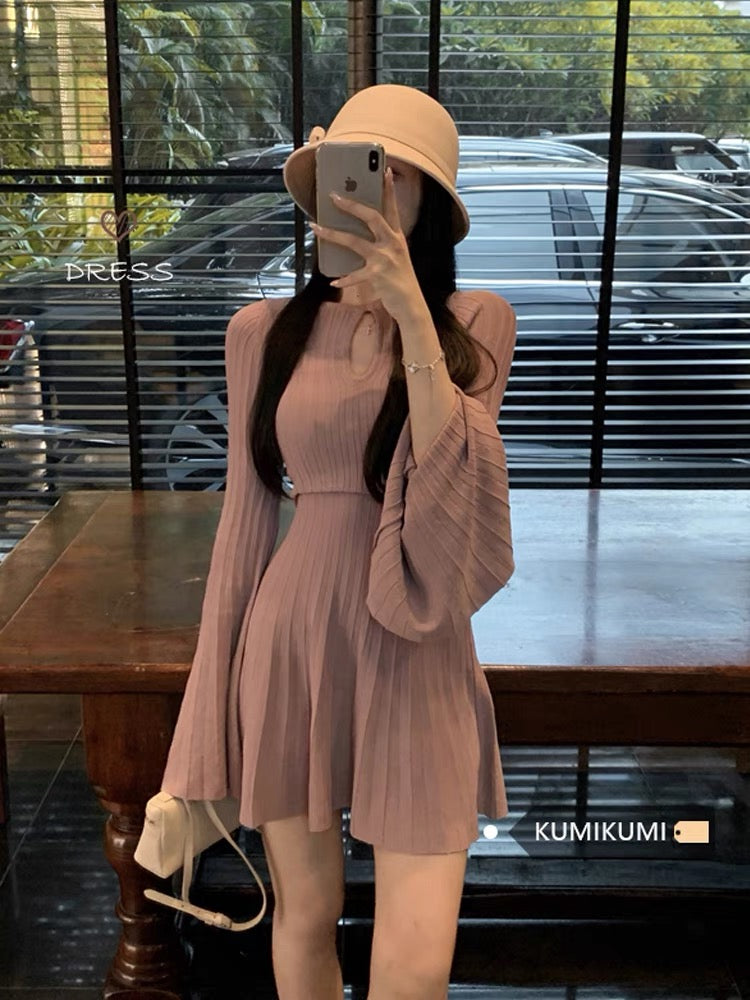 Kumikumi design hollow bell sleeve knitted dress for women in autumn pure desire waist A-line skirt short skirt