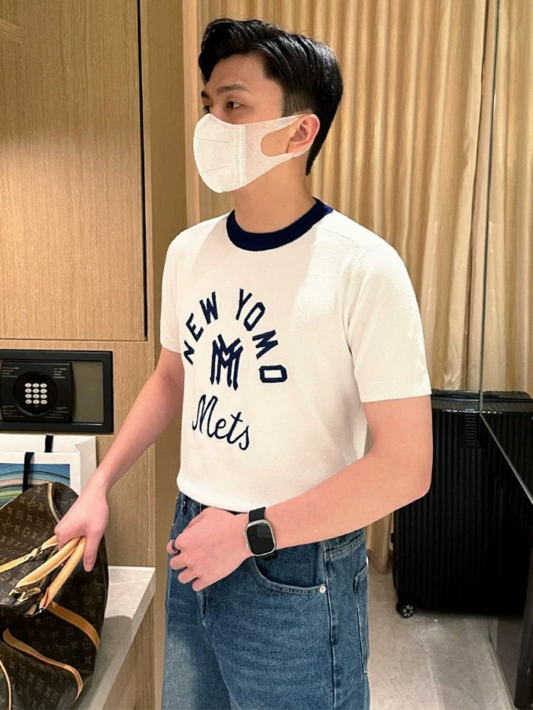Summer new casual personalized letter embroidered white T-shirt men's fashion high-end slim round neck knitted short sleeve men