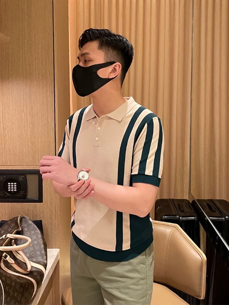 Light mature style business men's summer tops with collar T-shirts Retro vertical stripes color matching slim short-sleeved polo shirts for men