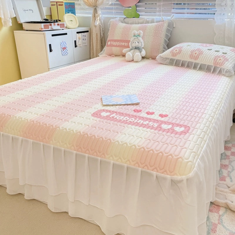 Summer printed bed skirt latex ice silk mat three-piece set princess style bed sheet air conditioning mattress mat machine washable