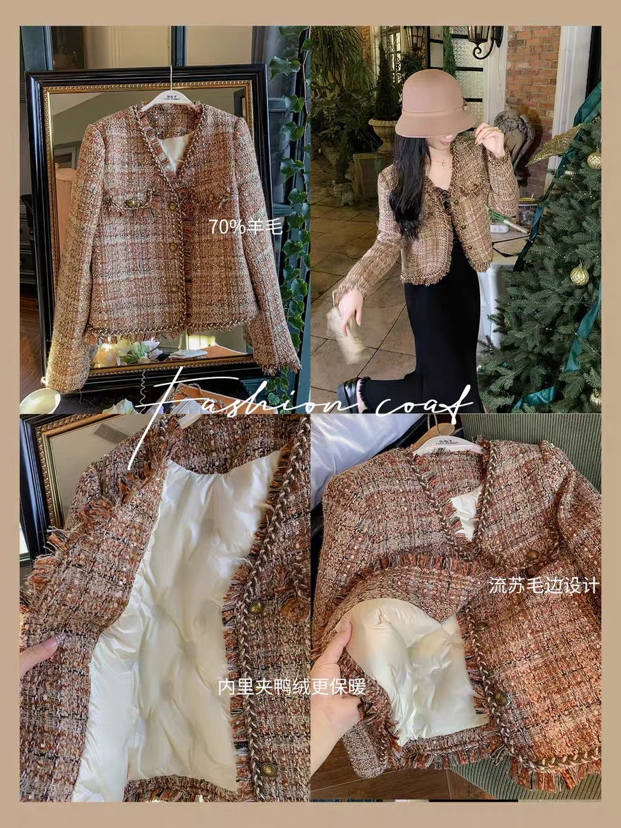 Fish Rabbit's Rabbit Small Fragrance Jacket Women's 2023 New Autumn and Winter Retro V-Neck Loose Long-Sleeved Down Top