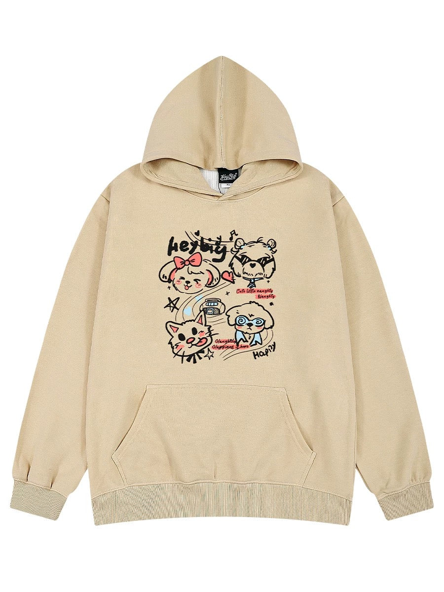 Heavy trendy brand cartoon print hooded sweatshirt for men and women in autumn and winter thickened trendy brand handsome high street American retro jacket