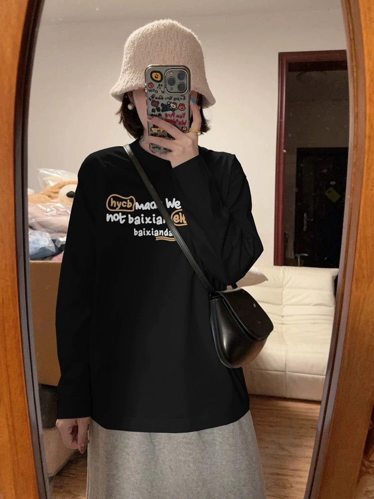 100% cotton American retro Hong Kong style chic straight shoulder long-sleeved T-shirt women's loose lazy niche design top