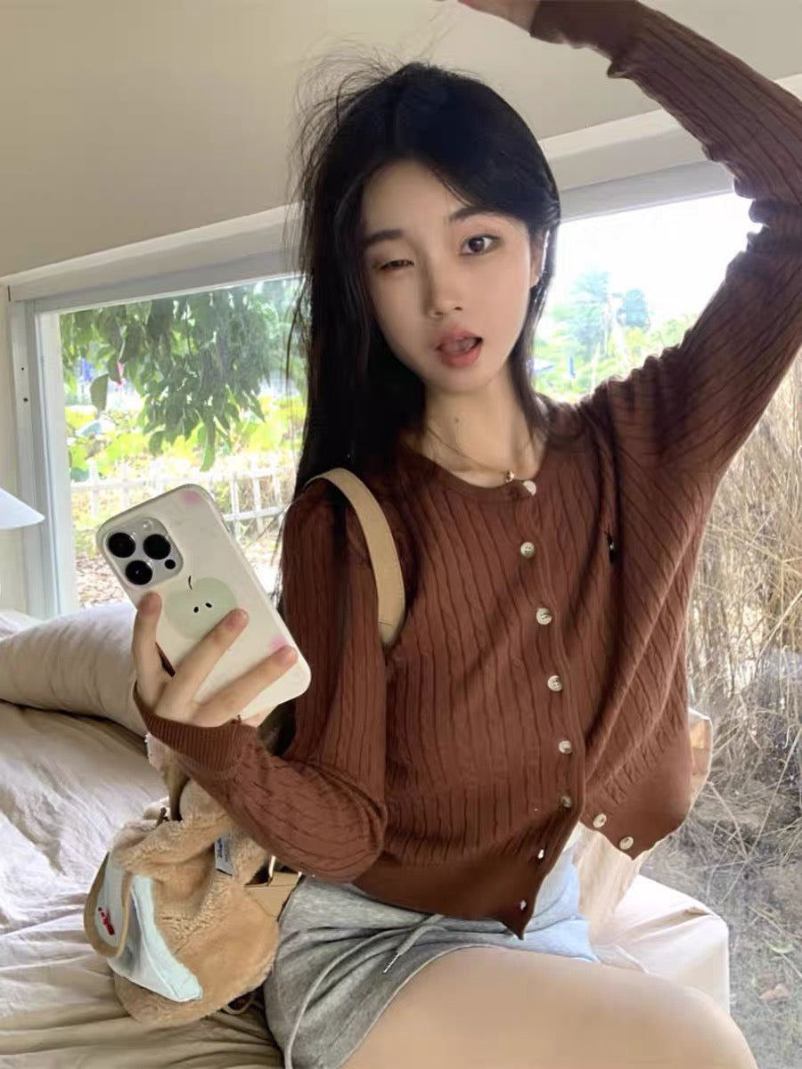 kumikumi twist sweater knitted cardigan jacket women's 2023 autumn new slim design long-sleeved top (D6663)