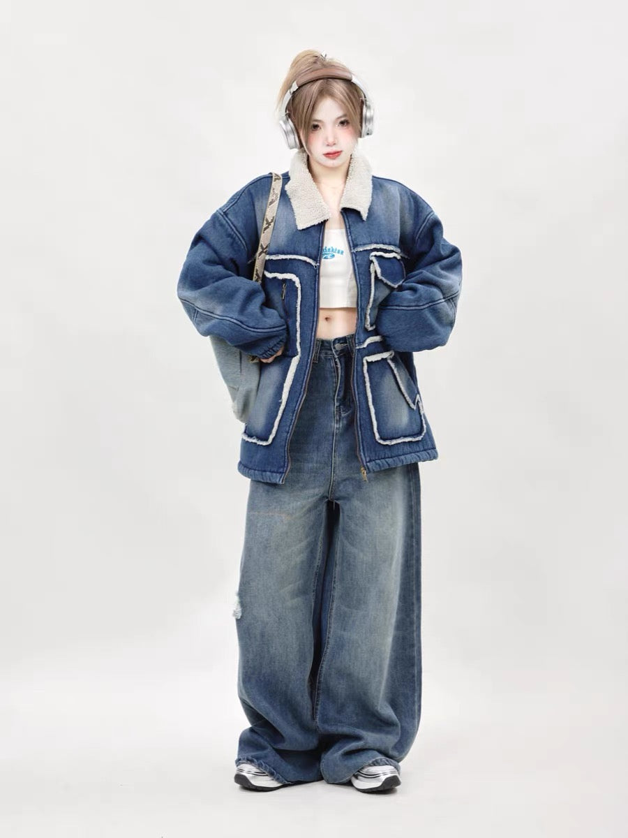 High-end and super good-looking 2023 new loose denim cotton-padded clothes for women winter thickened lamb wool coats and cotton-padded jackets A3343