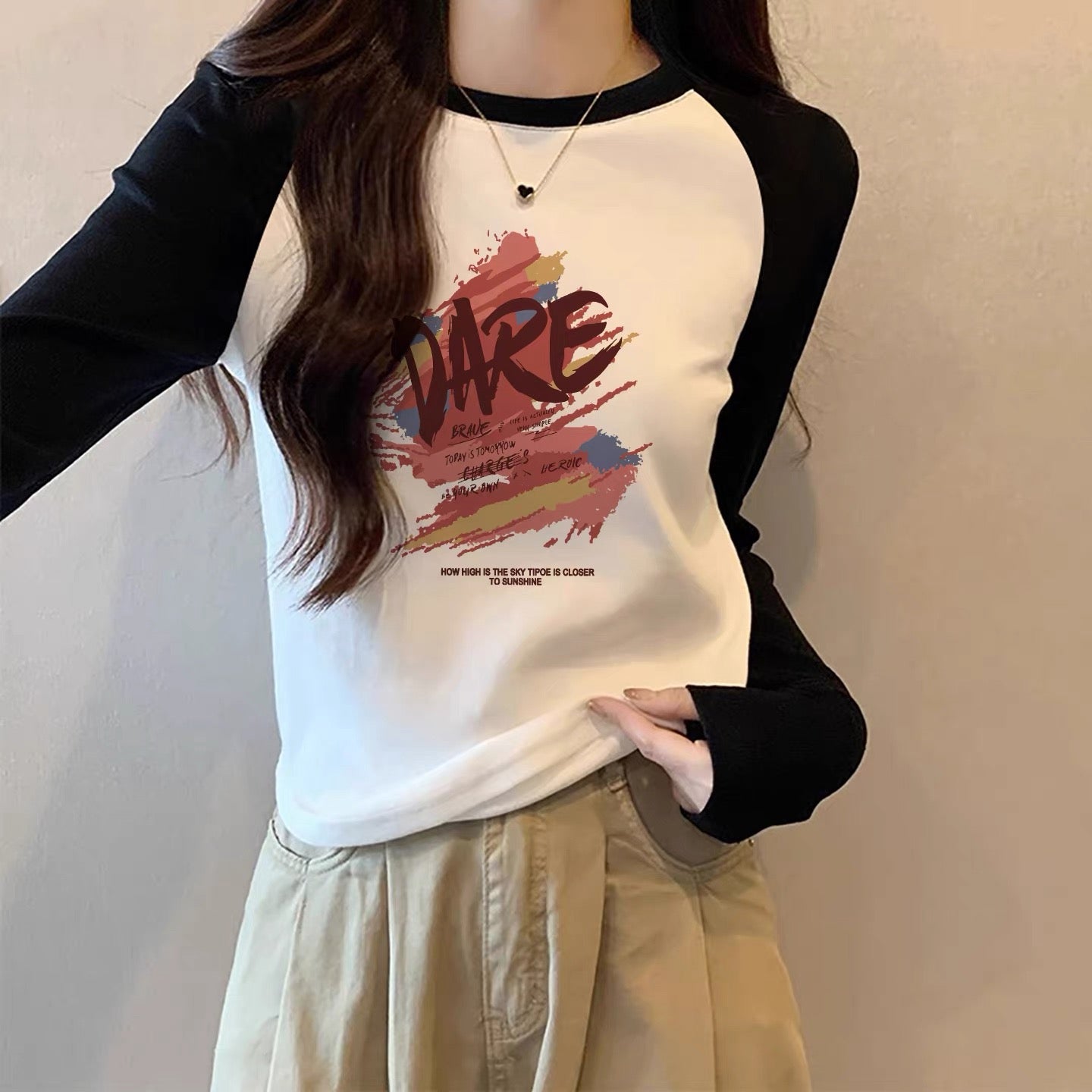 Contrast color pure cotton inner wear design sense splicing long-sleeved T-shirt female 2025 autumn and winter new European goods loose slim top M