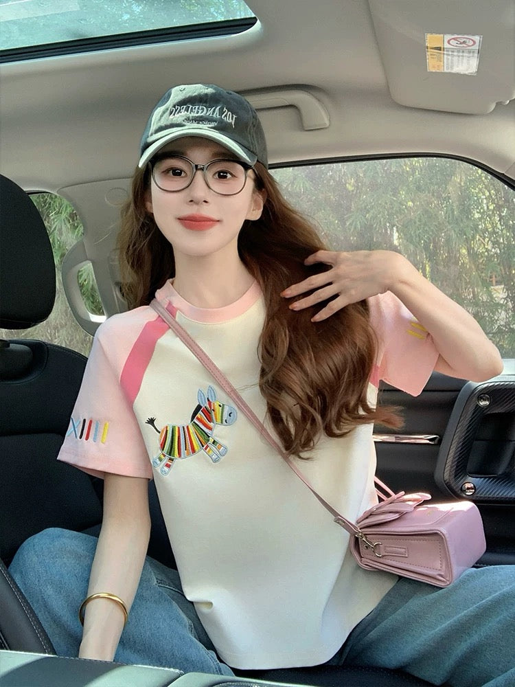 Colorful pony embroidered short-sleeved T-shirt for women 2025 new summer age-reducing design loose American style raglan top