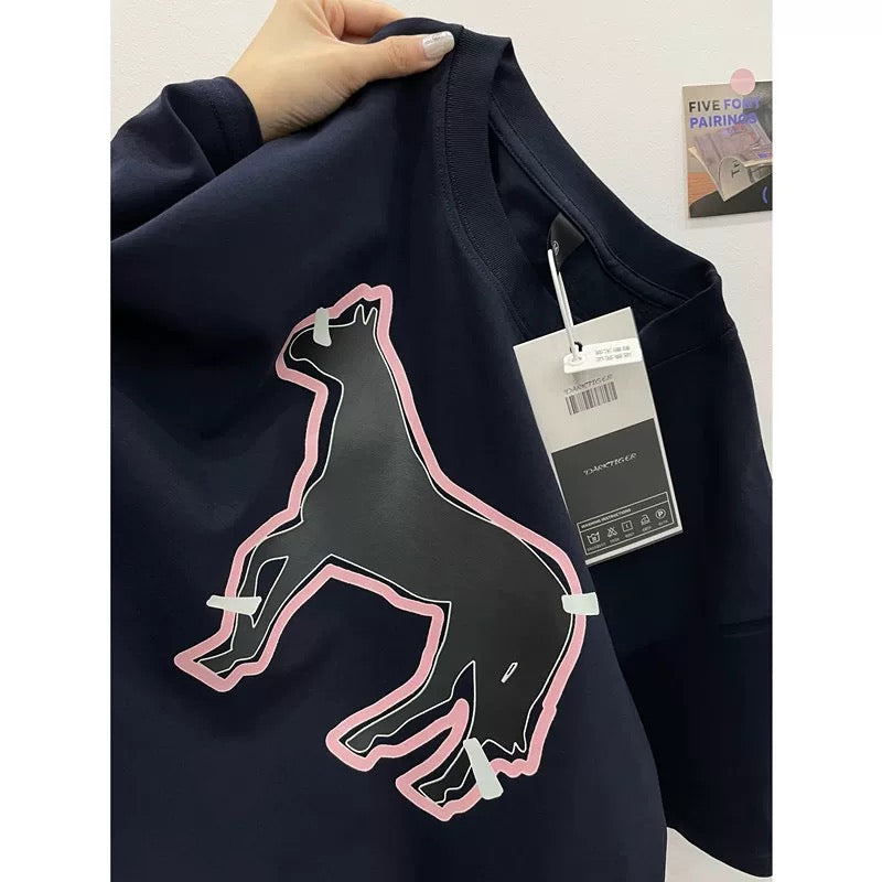 American style ins three bears printed cotton short-sleeved T-shirt men and women summer heavyweight all-match loose couple tops
