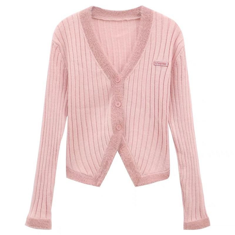 Spliced furry pink knitted cardigan for women autumn 2023 new slim fit short V-neck single-breasted top A2231