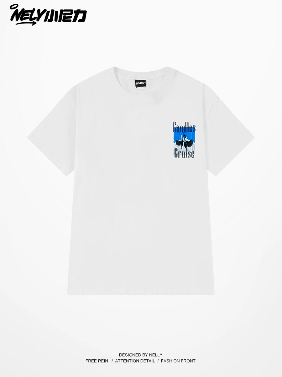 Nely American street style letter character printing oversize short-sleeved T-shirt men and women tee summer trend