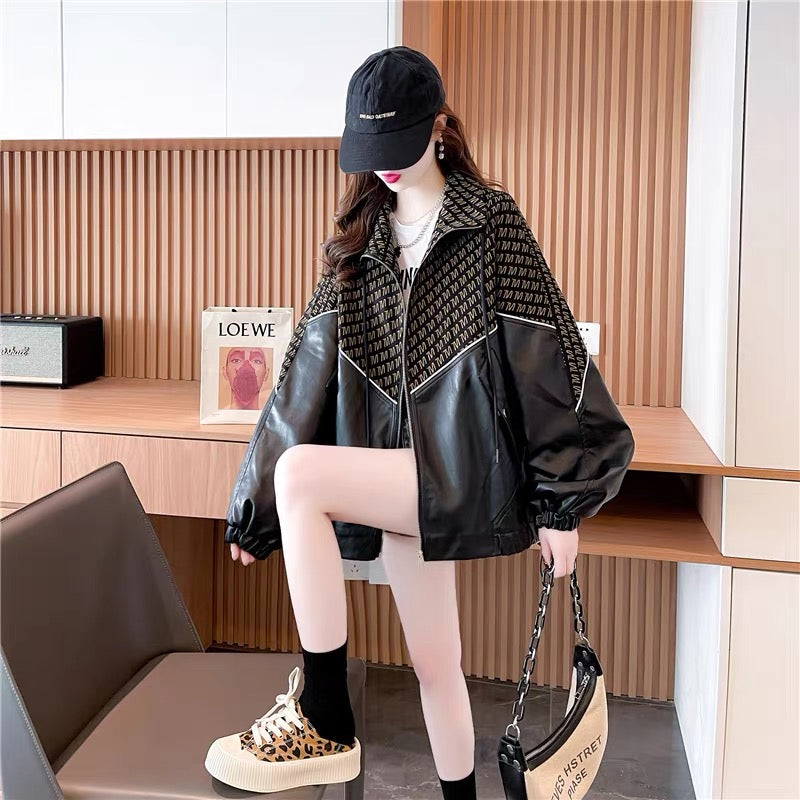 Fashionable design niche stitching leather jacket for women 2023 autumn lazy style Korean style loose cardigan top trend (S0511)