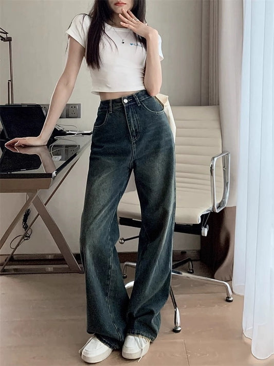 kumikumi retro raw edge jeans women's spring design ripped loose wide-leg pants straight-leg long pantsh