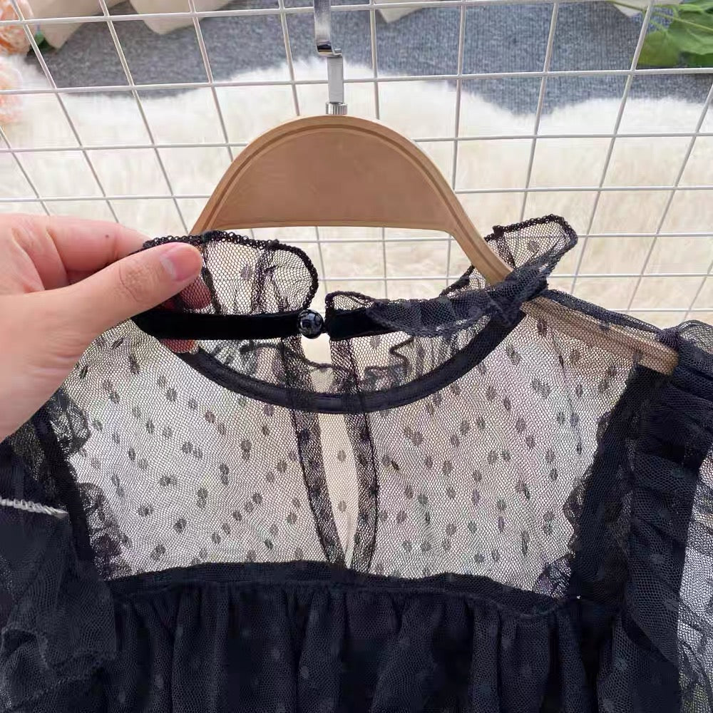 Palace style dress for women sweet fungus lace fairy dress sexy see-through polka dot mesh dress skirt (D0985)