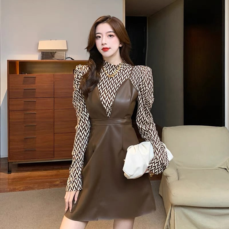 French design niche retro plaid long-sleeved bottoming shirt leather skirt suspender dress fashionable two-piece suit