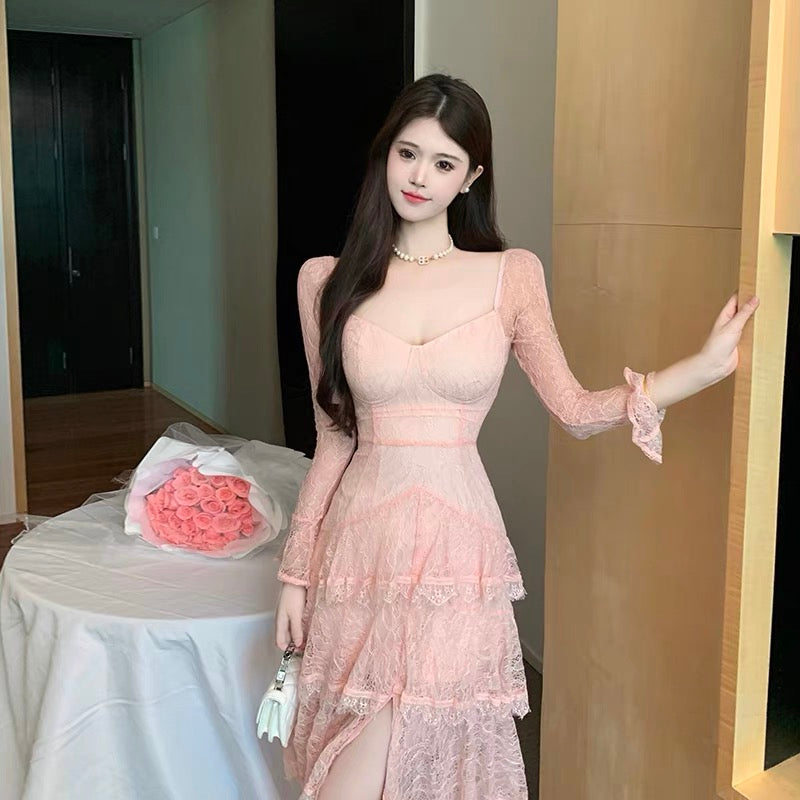 Sweet pink birthday skirt for women, autumn temperament, gentle style, high waist slit lace cake long dress for ladies
