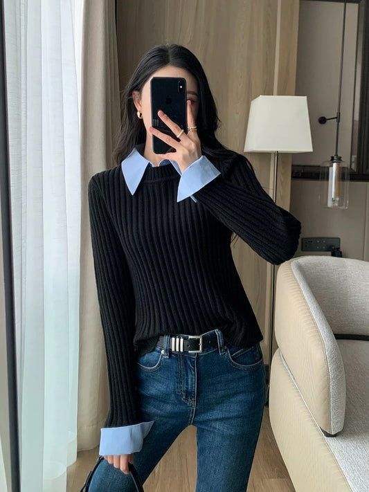 Guoge's black sweater for women 2023 autumn and winter new fake two-piece super good-looking and versatile pullover knitted inner top