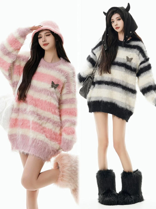 American striped wide-color sweater for women in autumn and winter 2023 new style mink hair mohair outer wear with lazy knitted sweater inside
