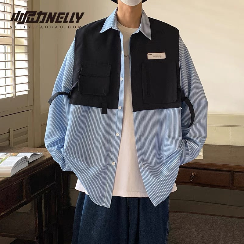 ins shirt men's and women's workwear Japanese retro autumn trendy brand long-sleeved shirt high street Hong Kong style functional coat inch shirt