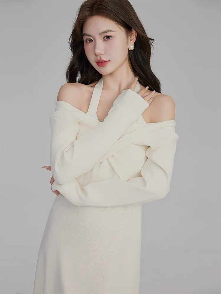 Volstagg white knitted halterneck dress women's autumn French off-shoulder two-wear inner bottoming mid-length skirt