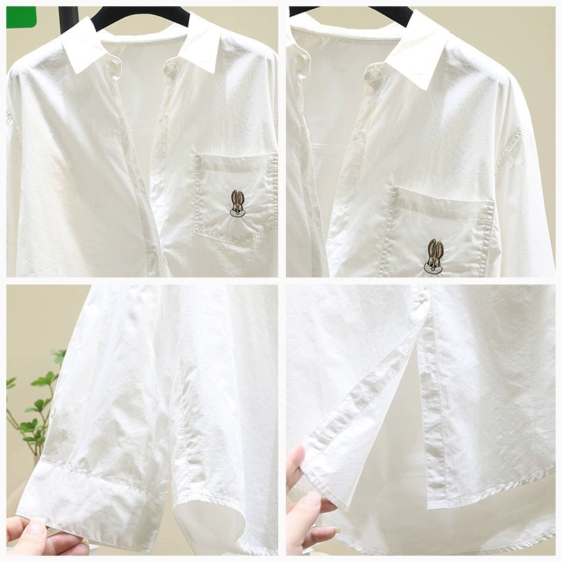 Design sense playful cute little rabbit white shirt female 2024 spring and autumn new Korean version loose casual shirt tops