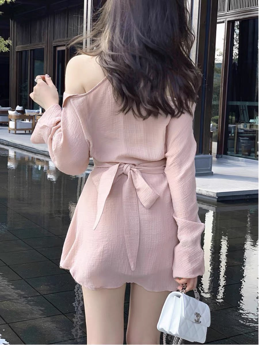 EUSKY IIWAN spring and summer V-neck halter neck off-shoulder pink shirt dress short skirt pure desire petite dress for women (D960)