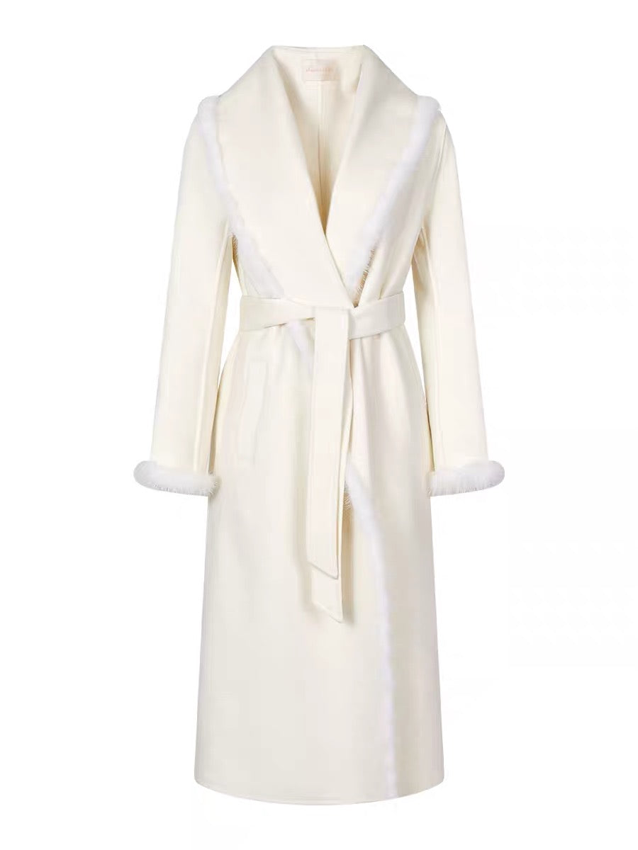 Shanxishuo wool cashmere double-sided nylon coat for women with mink fur lapel tie waist mid-length warm coat (B8899)