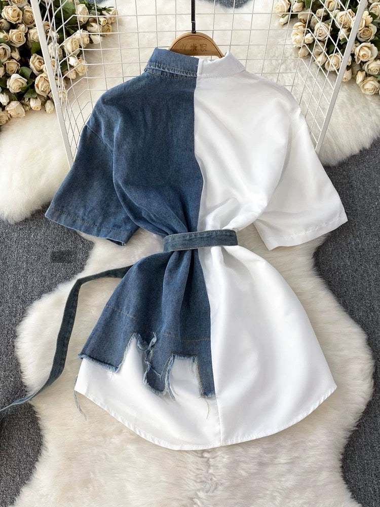Contrast color lapel waist slimming A-line single-breasted shirt denim dress women's medium-length irregular T-shirt skirt