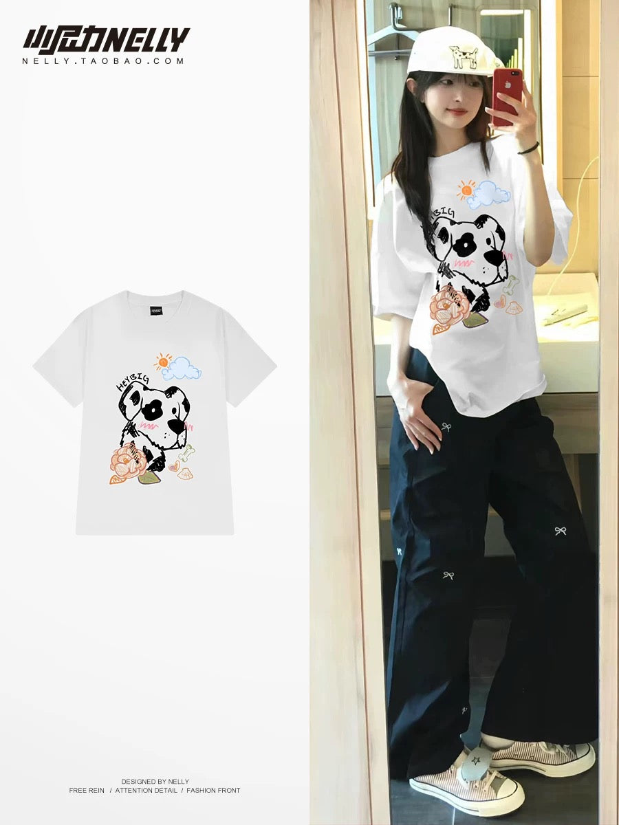 American cartoon cat print round neck short sleeve men and women summer 2025 couple pure cotton t-shirt half sleeve bottoming shirt trend