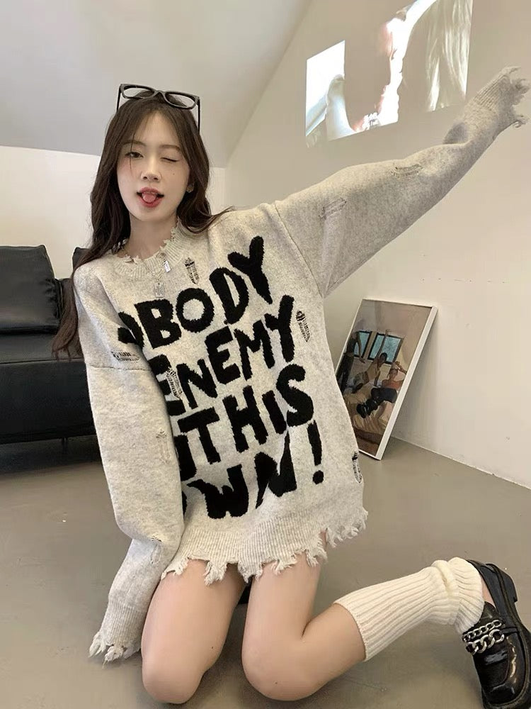 American style ripped sweater for women autumn and winter 2023 new design letter loose mid-length long-sleeved knitted top trendy