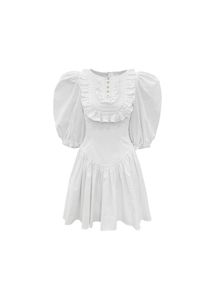 Tongse | Pure White Alice Elegant Retro French Dress Lace Puff Sleeve Princess Dress Summer