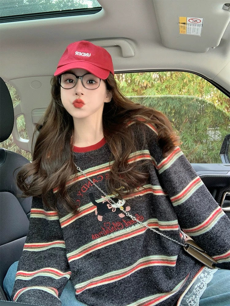 Korean striped long-sleeved T-shirt for women 2025 new spring and autumn lazy style retro age-reducing design contrast color top ins