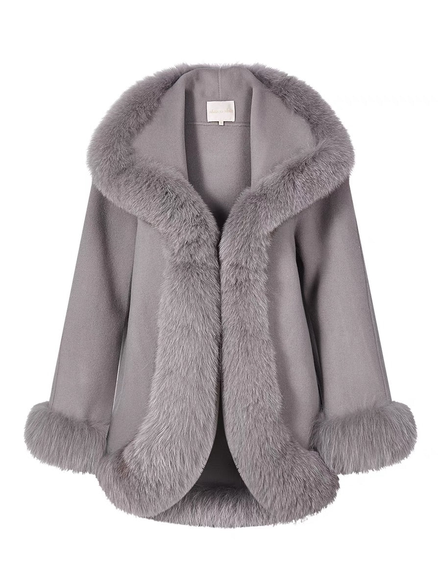 Shanxi said 100% wool double-sided woolen coat with fox fur lapel, noble temperament, elegant bell sleeves coat for women (B1318)