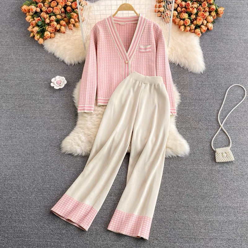 Autumn high-waist slimming wide-leg knitted pants color-blocked casual long pants two-piece suit V-neck knitted cardigan jacket for women