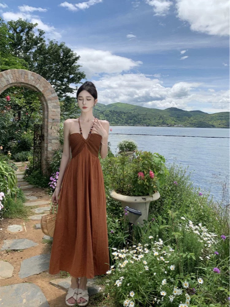 Thailand Phuket Xishuangbanna travel outfit ethnic style sexy backless halter neck suspender dress female summer