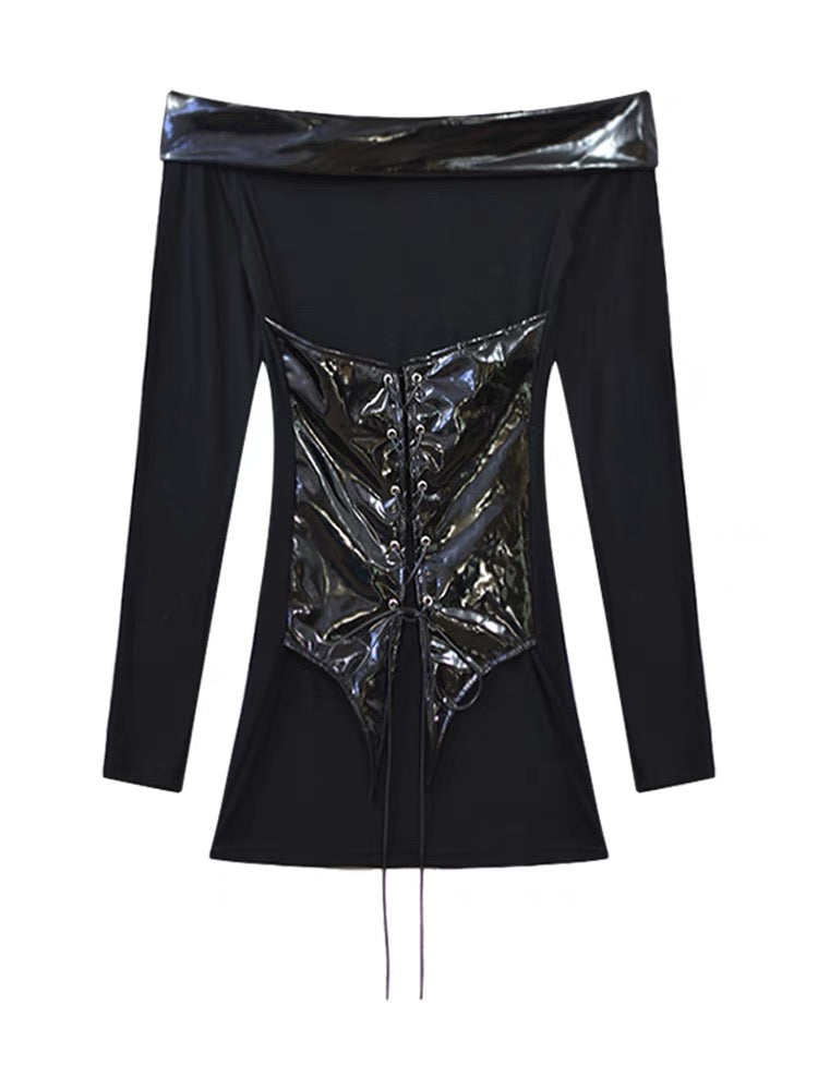 Temperament one-shoulder splicing dress women's early autumn 2023 new knitted waist slimming black skirt slim skirt A2261