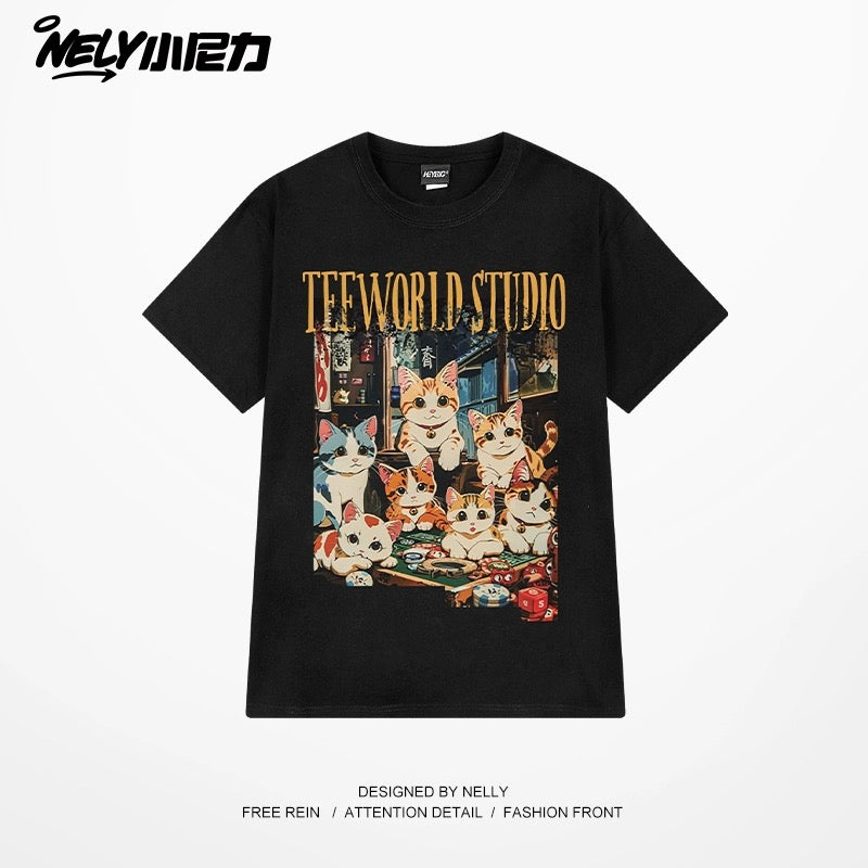 Nely American cat print cotton short-sleeved T-shirt for men in summer. Half-sleeved loose student T-shirt